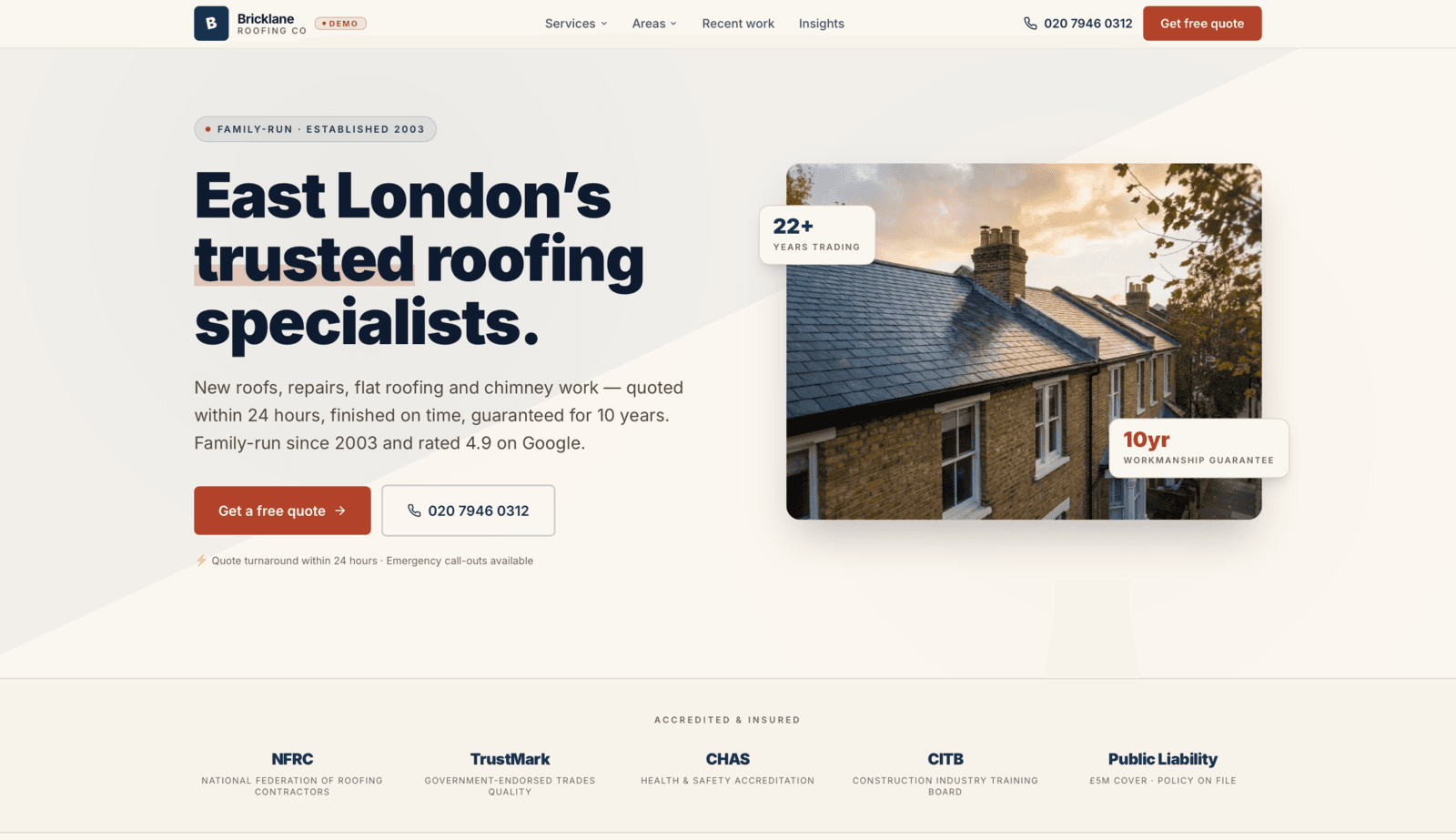 Bricklane Roofing Co — homepage screenshot showing hero with East London roofing specialists headline, 22 years trading badge, 10-year workmanship guarantee, and quote-form CTA